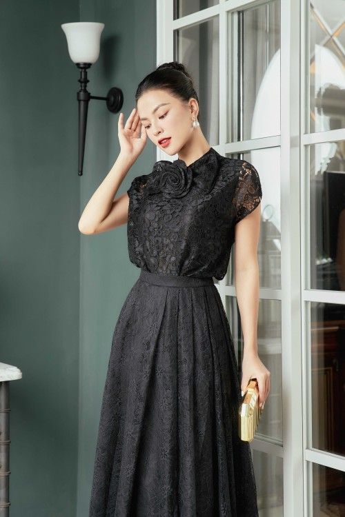 Sixdo Black Sleeves Lace Top